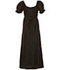 Color:Black - Image 2 - Big Girls 7-16 Puffed-Sleeve Cross-Front-Detailed Long Satin Dress