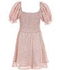 Color:Blush/Off-White - Image 2 - Big Girls 7-16 Puffed-Sleeve Gingham-Printed Romper