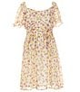 Color:Ivory/Marigold - Image 1 - Big Girls 7-16 Puffed Sleeve Ruched-Front Floral Print Peasant Dress