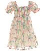 Color:Ivory/Mauve - Image 2 - Big Girls 7-16 Puffed-Sleeve Sequin-Embellished Floral-Printed Babydoll Dress