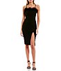 Color:Black - Image 1 - Feather Trim Front Slit Midi Dress