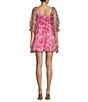 Color:Pink/Fuchsia - Image 2 - Floral Print 3/4 Sleeve Organza Mini Dress