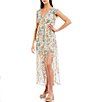Color:Lilac/Ivory - Image 1 - Floral Print Ruffle Trim Short Sleeve Front Slit Dress