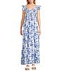 Allison & Kelly Floral Print V-Neck Flutter Sleeve Smocked Maxi Dress, Color:Ivory/Blue - Image 1