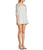 Color:White - Image 3 - Glitter 3/4 Sleeve 3D Floral Print Babydoll Mini Dress