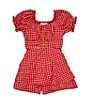 Allison & Kelly Little Girls Gingham Print Short Sleeve Belted Romper, Color:Red/White - Image 1