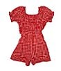 Allison & Kelly Little Girls Gingham Print Short Sleeve Belted Romper, Color:Red/White - Image 2