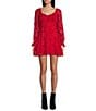 Color:Red - Image 1 - Floral Mesh Long Sleeve Crossover Waist Fit-And-Flare Dress