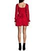 Color:Red - Image 2 - Floral Mesh Long Sleeve Crossover Waist Fit-And-Flare Dress