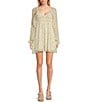 Color:Ivory/Yellow - Image 1 - Long Sleeve V-Neck Printed Tie Back Dress