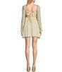Color:Ivory/Yellow - Image 2 - Long Sleeve V-Neck Printed Tie Back Dress