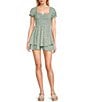 Allison & Kelly Printed Square Neck Short Puff Sleeve Pinch Front Romper, Color:Sage/White - Image 1