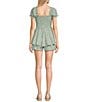 Allison & Kelly Printed Square Neck Short Puff Sleeve Pinch Front Romper, Color:Sage/White - Image 2