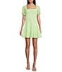 Color:Lime - Image 1 - Short Sleeves Square Neck Smocked Chiffon Dress