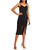 Color:Black - Image 2 - Slinky Drape Neck Front Slit Midi Dress