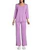 Allison Daley 3/4 Sleeve Crew Neck Drawstring Hem Scuba Knit Top, Color:Violet - Image 3