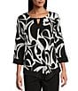 Allison Daley 3/4 Sleeve Keyhole Neck Asymmetric Hem Knit Top, Color:Geo Block - Image 1