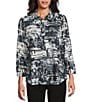 Allison Daley Black Showering Floral Print 3/4 Sleeve Point Collar Button Front Shirt, Color:Black Showering Flowers - Image 1