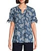 Allison Daley Blooming Flowers Print Short Tie Sleeve Y-Neck Button-Front Pintuck Blouse, Color:Indigo Blooming Flowers - Image 1