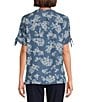 Allison Daley Blooming Flowers Print Short Tie Sleeve Y-Neck Button-Front Pintuck Blouse, Color:Indigo Blooming Flowers - Image 2