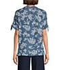 Allison Daley Blooming Flowers Print Short Tie Sleeve Y-Neck Button-Front Pintuck Blouse, Color:Indigo Blooming Flowers - Image 2