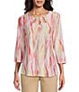 Allison Daley Brushed Fun Stripe Print 3/4 Sleeve Triple Keyhole Neck Knit Top, Color:Brushed Fun Stripe - Image 1