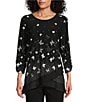 Color:Butterfly Fade - Image 1 - Butterfly Print 3/4 Ruched Sleeve Crew Neck Ruffle Hem Knit Top