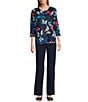 Allison Daley Butterfly Print 3/4 Sleeve Crew Neck Knit Top, Color:Butterfly Multi - Image 3