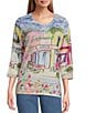 Allison Daley Cafe Social Print 3/4 Sleeve Crew Neckline Knit Top, Color:French Rose Cafe Social - Image 1