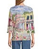 Allison Daley Cafe Social Print 3/4 Sleeve Crew Neckline Knit Top, Color:French Rose Cafe Social - Image 2