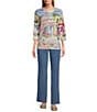 Allison Daley Cafe Social Print 3/4 Sleeve Crew Neckline Knit Top, Color:French Rose Cafe Social - Image 3