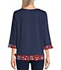 Color:Indigo - Image 2 - Round Neck 3/4 Sleeve Button Detail Tiered Twofer Printed Ruffle Top