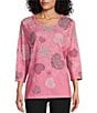 Color:Chateau Rose Hearts - Image 1 - Embellished Cascading Hearts Print 3/4 Sleeve Scoop Neck Knit Top