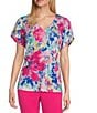 Allison Daley Embellished Floral Print Short Tulip Sleeve V-Neck Knit Top, Color:Raspberry Ethereal Garden - Image 1