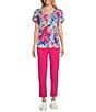 Allison Daley Embellished Floral Print Short Tulip Sleeve V-Neck Knit Top, Color:Raspberry Ethereal Garden - Image 3