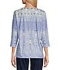 Allison Daley Embellished Folk Stitch Print 3/4 Sleeve Crew Neck Knit Top, Color:Chambray Folk Stitch - Image 2