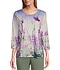 Allison Daley Embellished Meadow Floral Print 3/4 Sleeve Crew Neckline Knit Top, Color:Amethyst Meadow Floral - Image 1