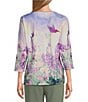 Allison Daley Embellished Meadow Floral Print 3/4 Sleeve Crew Neckline Knit Top, Color:Amethyst Meadow Floral - Image 2