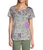 Allison Daley Embellished Paisley Patch Print Short Sleeve Keyhole Neck Knit Top, Color:Amethyst Paisley Patchwork - Image 1