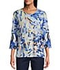 Allison Daley Embellished Tropical Villa Print 3/4 Sleeve Crew Neck Knit Top, Color:Tropical Villa - Image 1