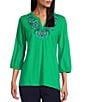 Allison Daley Embroidered 3/4 Cuff Sleeve Split V-Neck Top, Color:Kelly Embroidery - Image 1