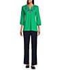 Allison Daley Embroidered 3/4 Cuff Sleeve Split V-Neck Top, Color:Kelly Embroidery - Image 3