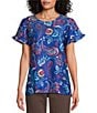 Color:Floral Paisley - Image 1 - Floral Paisley Print Short Ruffle Sleeve Crew Neck Knit Top