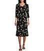 Color:Wildflower Mix - Image 1 - Floral Print 3/4 Ruched Sleeves V-Neck Ruffle Hem A-Line Midi Dress