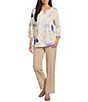 Allison Daley Floral Print 3/4 Sleeve V-Neck Beaded Applique Knit Top - Image 3