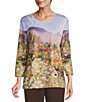 Color:Spring Mountain Floral - Image 1 - Floral Print Embellished 3/4 Sleeve Jewel Neck Knit Top