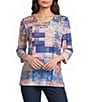 Allison Daley Flowering Plaid Print 3/4 Sleeve Split-V Neck Knit Top - Image 1