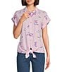 Allison Daley Gingham Floral Print Short Sleeve Tie Front Button Blouse, Color:French Rose Gingham Floral - Image 1
