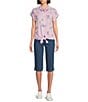Allison Daley Gingham Floral Print Short Sleeve Tie Front Button Blouse, Color:French Rose Gingham Floral - Image 3