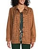 Color:Pecan - Image 1 - Long Sleeve Point Collar Button Front Laser Cut Faux Suede Shacket